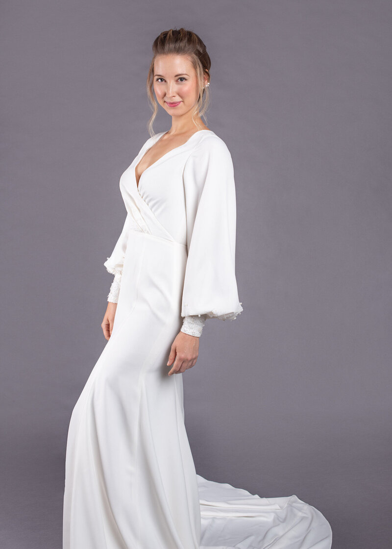 high back wedding gown with long sleeves