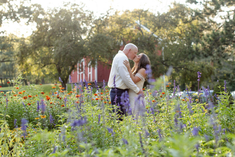 Bride and groom kiss in a field of flowers