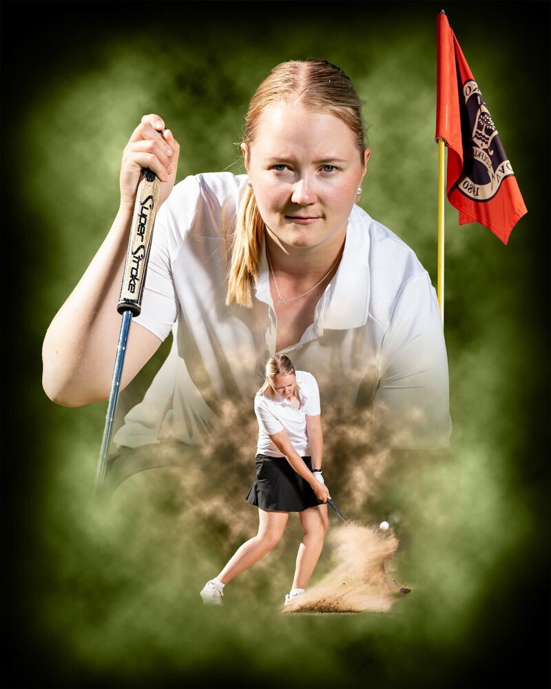 Sportkollage av en golfspelare med porträtt och actionbilder från bunker