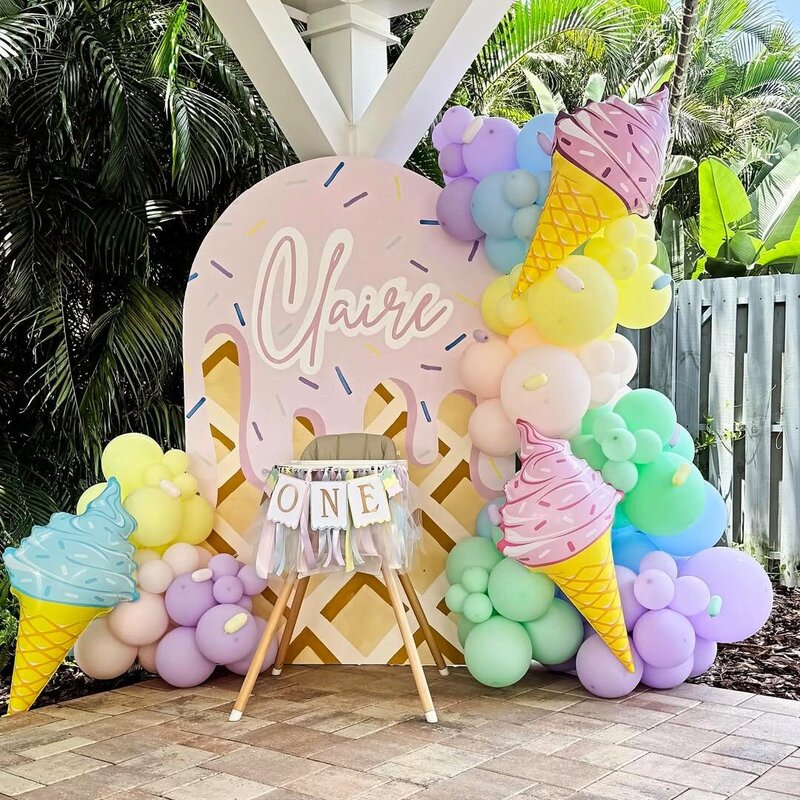 ice cream party balloons and backdrop for birthday party