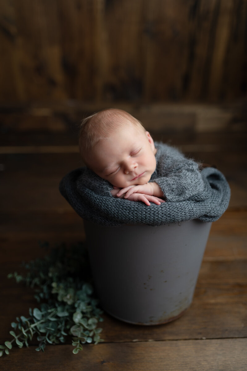 A newborn baby boy dressed in a grey knit sleeper, posed in a rustic bucket surrounded by soft greenery – timeless newborn photography in Paris, Ontario.