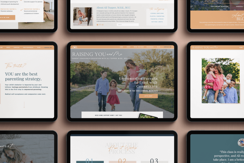 Multi-tablet layout of the Raising You and Me website highlighting a family-centered brand with soft, welcoming imagery and educational resources.