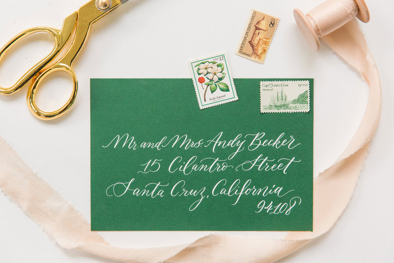 Green wedding envelope with calligraphy
