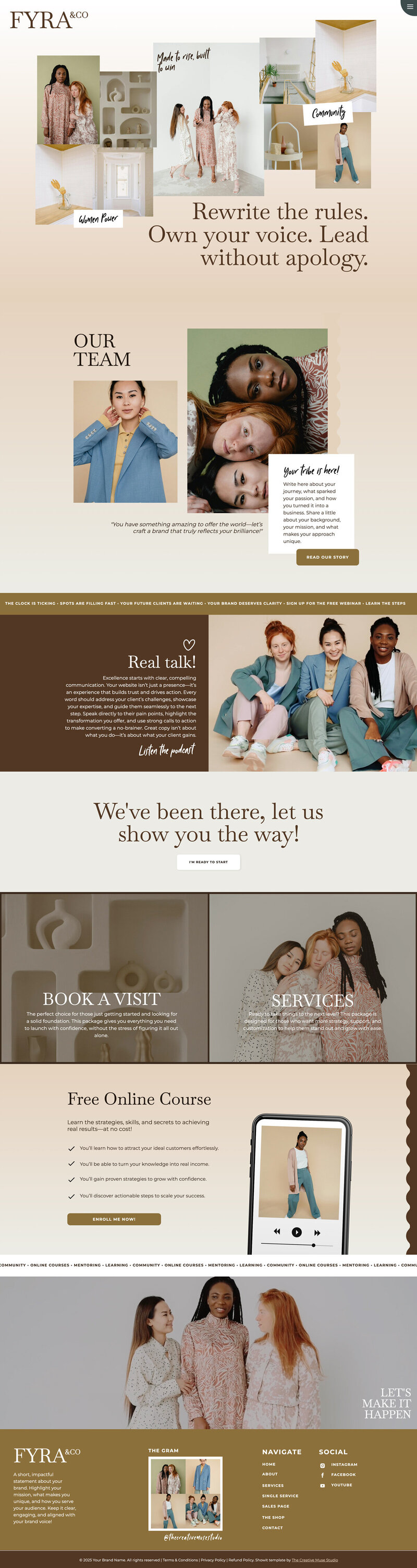 Desktop view of Eleanor Showit website template with elegant layout, large image sections, and clear navigation for coaches and creatives.