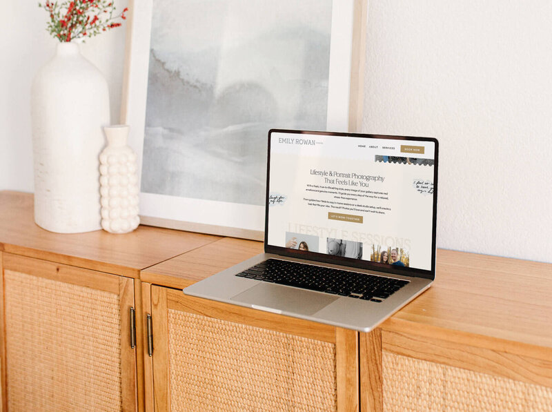 Warm, neutral-toned website design for fine art photographers showcasing a timeless brand with editorial elegance and modern charm.
