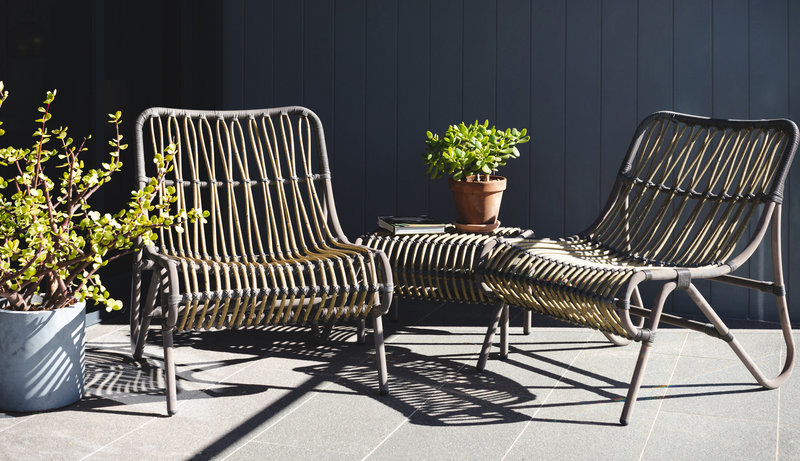 Amanda Wyeth Design| Grey Tiled Wicker Outdoor Setting |Chinese Jade Plant Pork Bush