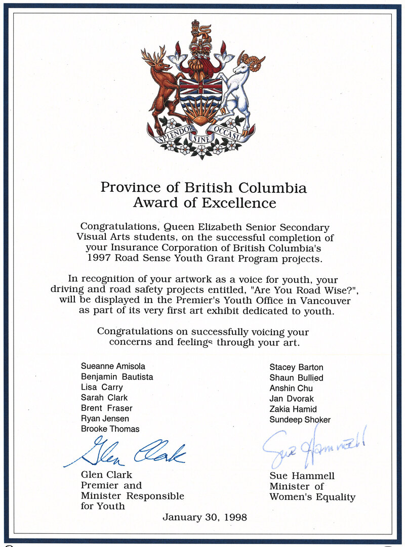 Brent Ray Fraser BC Award of Excellence 1998