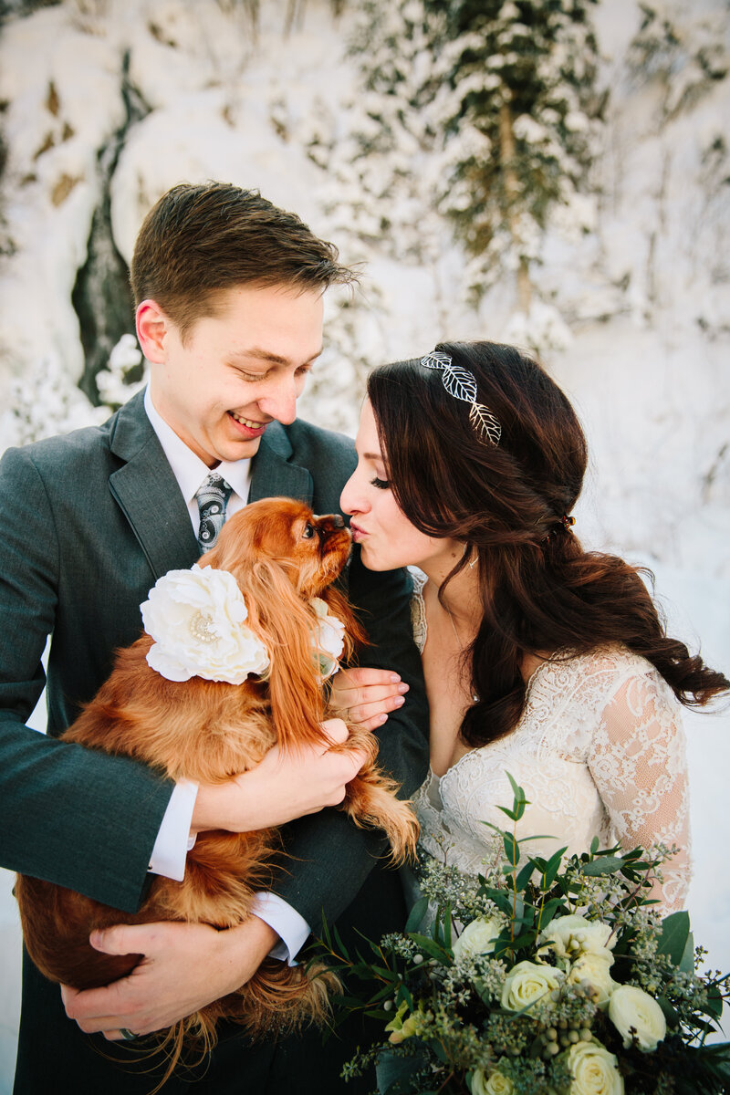 Jackson Hole photographers capture bride kissing dog on Jackson Hole wedding day