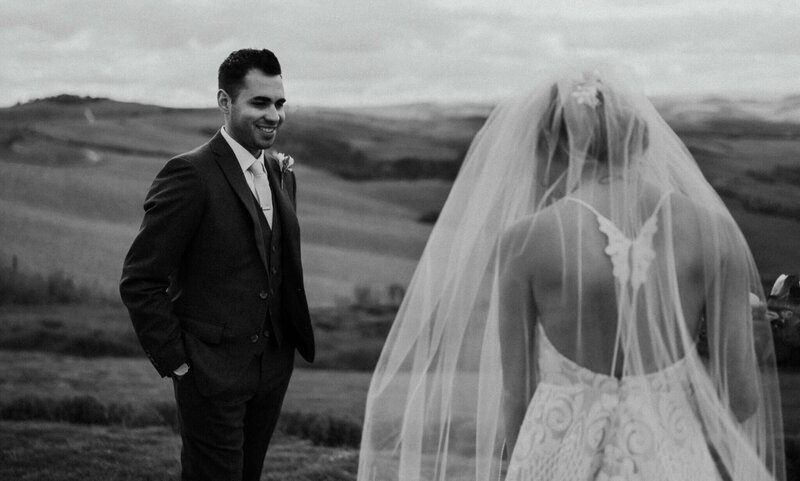 bride and groom first look intimate wedding in tuscany the lazy olive villa