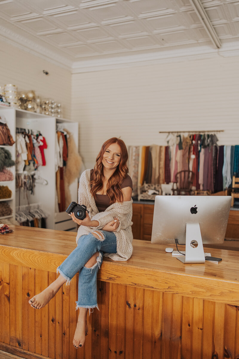 woman in front of boho backdrop