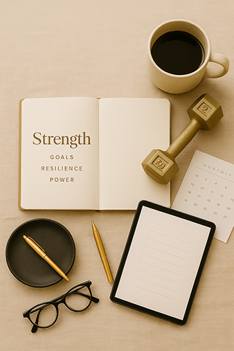 "Flat lay of strength-focused workspace with journal, dumbbell, coffee, and planning tools, symbolizing resilience and power.