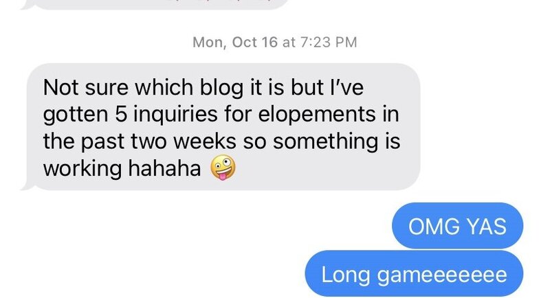 Screenshot of texts from an Msav Creative Co client about the inquiries they've received from blogging