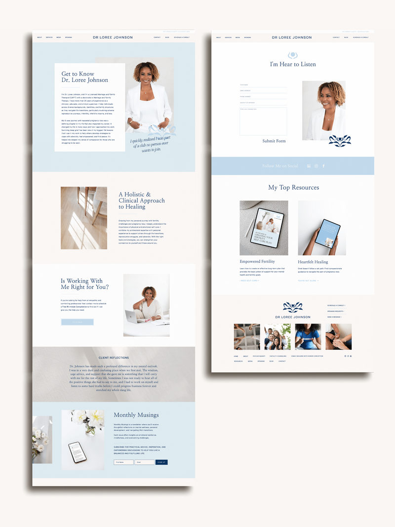 Website mockup showing the About and Contact pages for Dr. Loree Johnson. The About page introduces Dr. Johnson’s clinical background and holistic healing approach, while the Contact page invites visitors to connect with a simple form and warm, welcoming imagery. Soft blue tones and clean typography reflect a calm and supportive environment.

