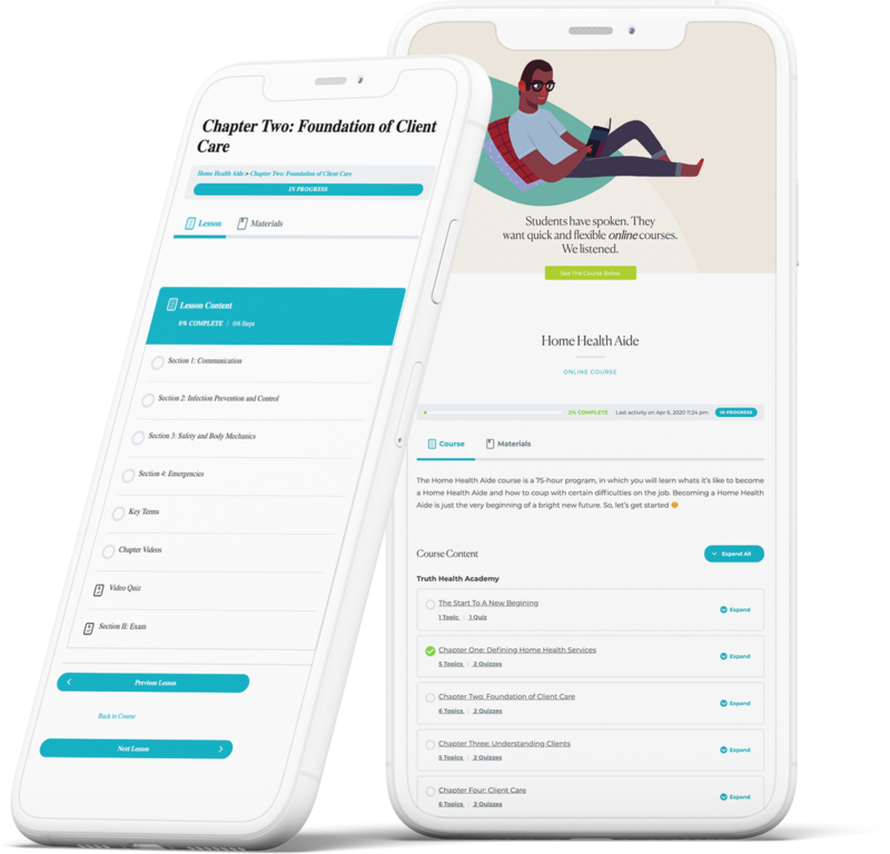 two iphones leaning on each other displaying an online nursing course