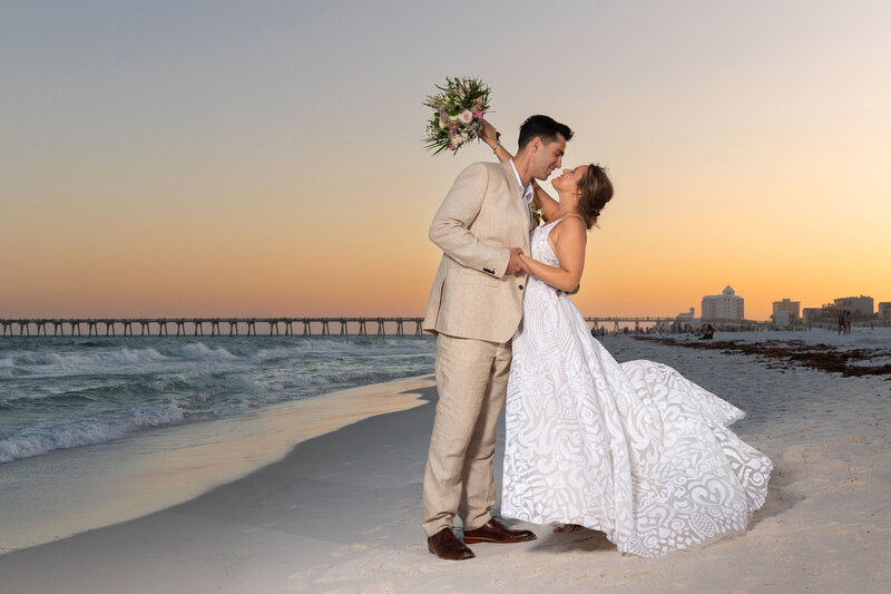 Wedding day photo taken at the Hilton Pensacola Beach in Florida.