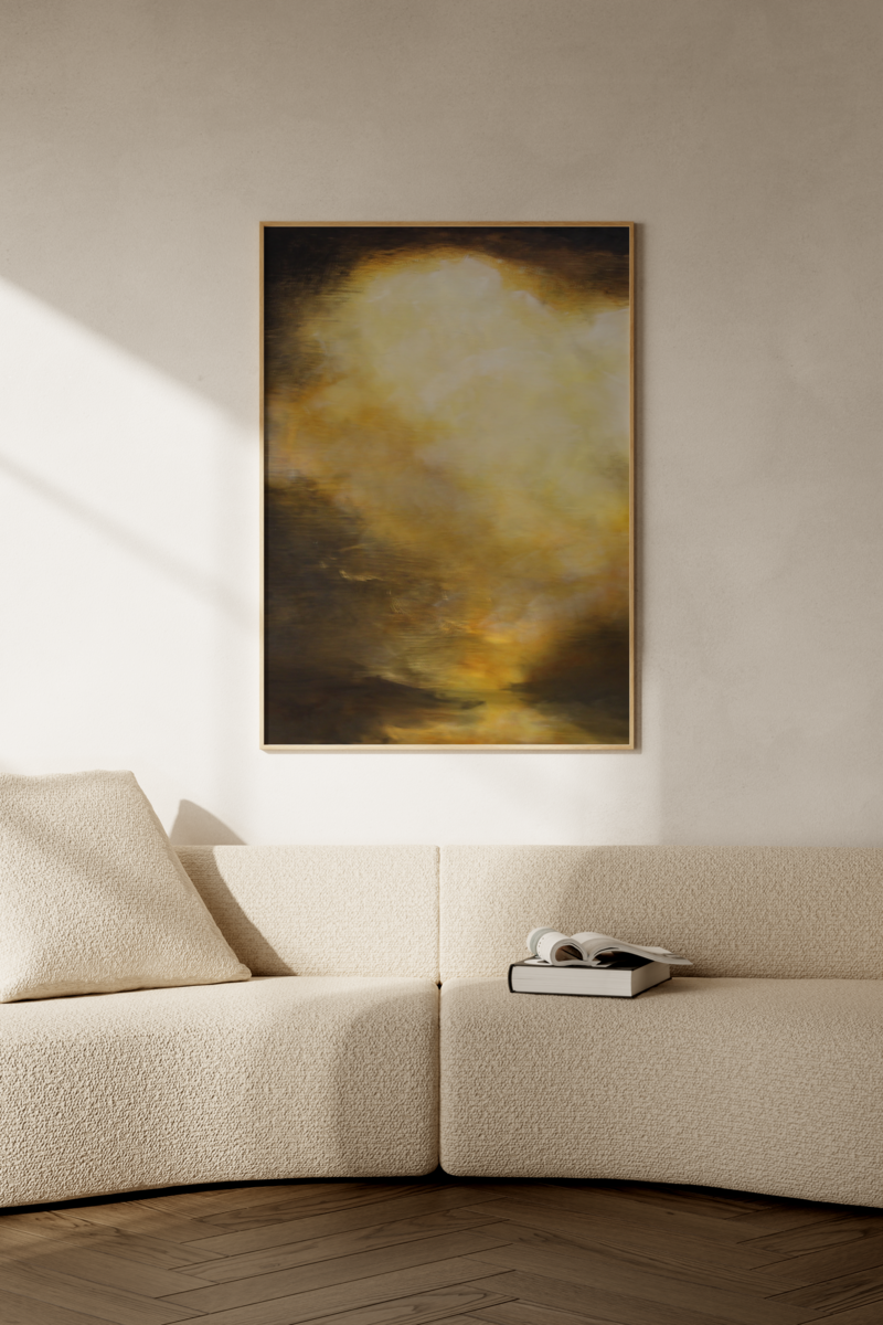 Oil painting by Jane Mishkind in a well designed interior with a cream couch