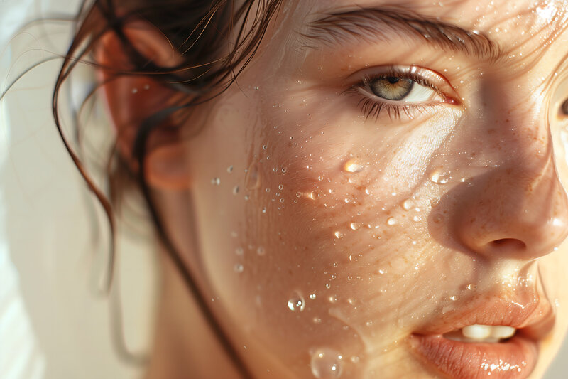 Young woman with green eyes showing right side of face with water droplets