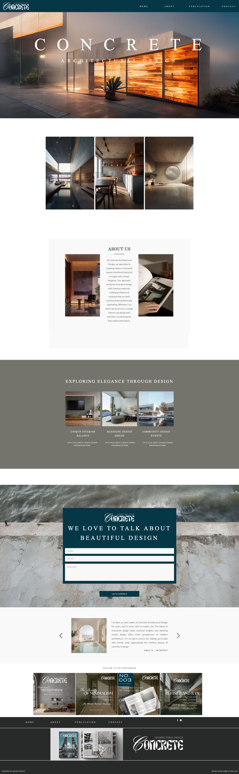 Homepage design for Concrete Architectural Design featuring modern, industrial branding with clean lines and bold typography.