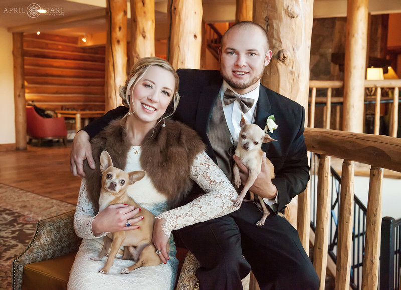 Cute couple pose for a portrait inside the lobby of The Lodge at Breckenridge with their tiny dogs
