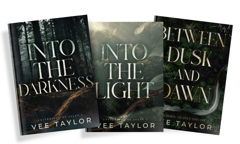 Two books with images of forests on them, one reads Into the Light and the other reads Into the Light both written by Vee Taylor