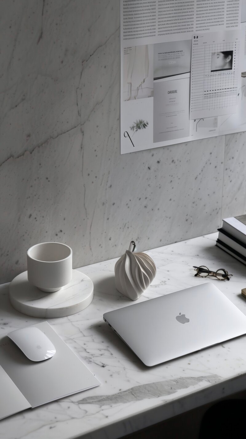 desk with computer and decorations