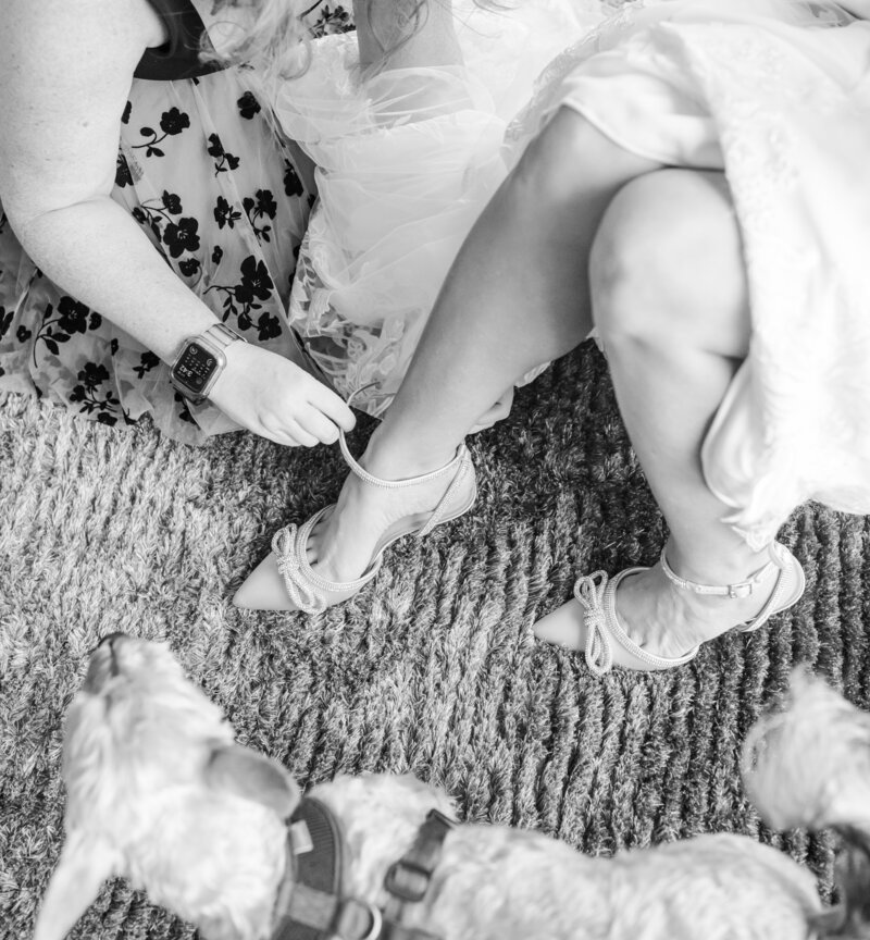 View of Theresa putting on her wedding shoes with her bridesmaid and pet dog.