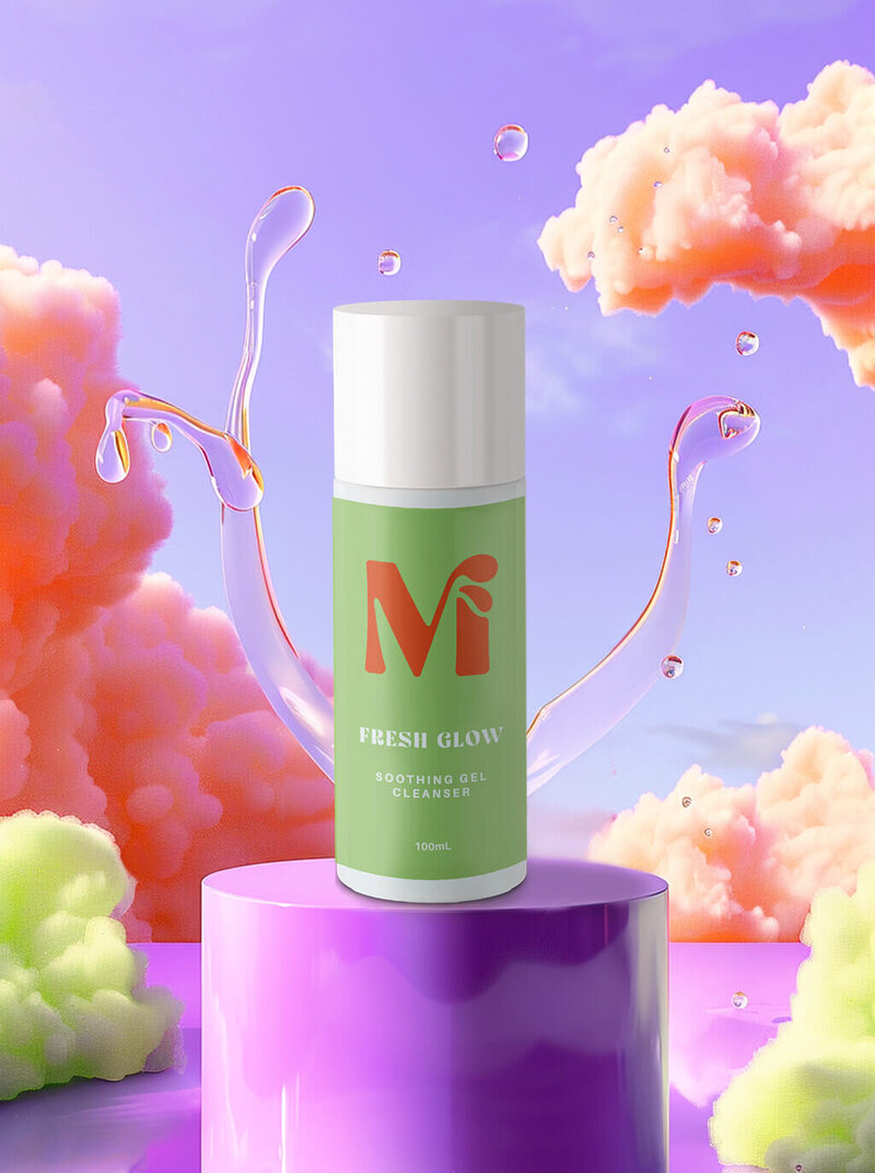 A bottle of Fresh Glow Soothing Gel Cleanser is displayed on a purple pedestal against a vibrant, surreal backdrop of colorful clouds and splashing water. The green and red packaging pops against the playful setting, with soft pink and orange tones adding a dreamlike quality. The scene highlights the cleanser’s refreshing and hydrating properties in a visually striking, imaginative atmosphere.