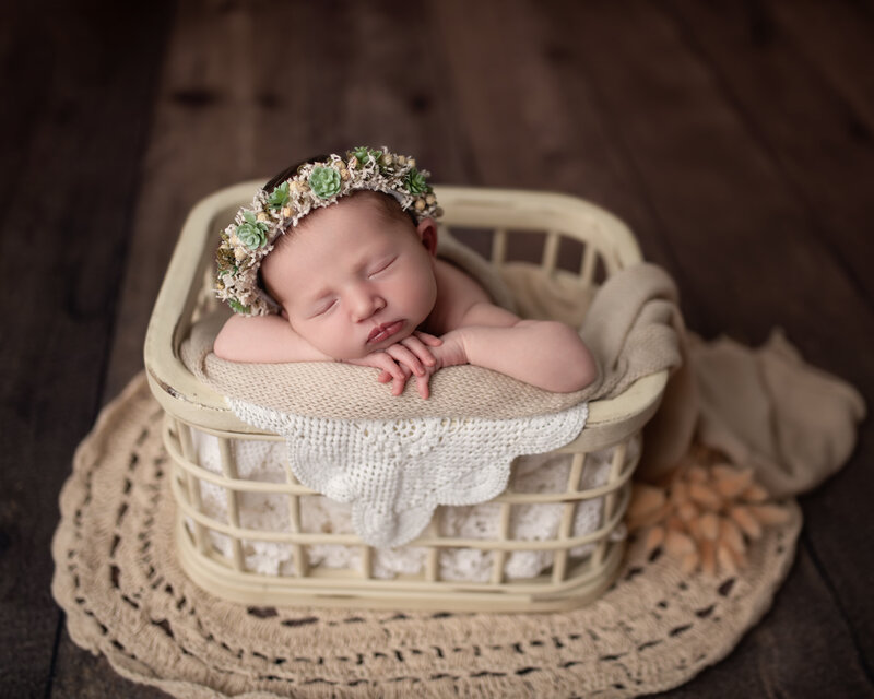 Rustic charm and soft greens bring this timeless newborn image to life.