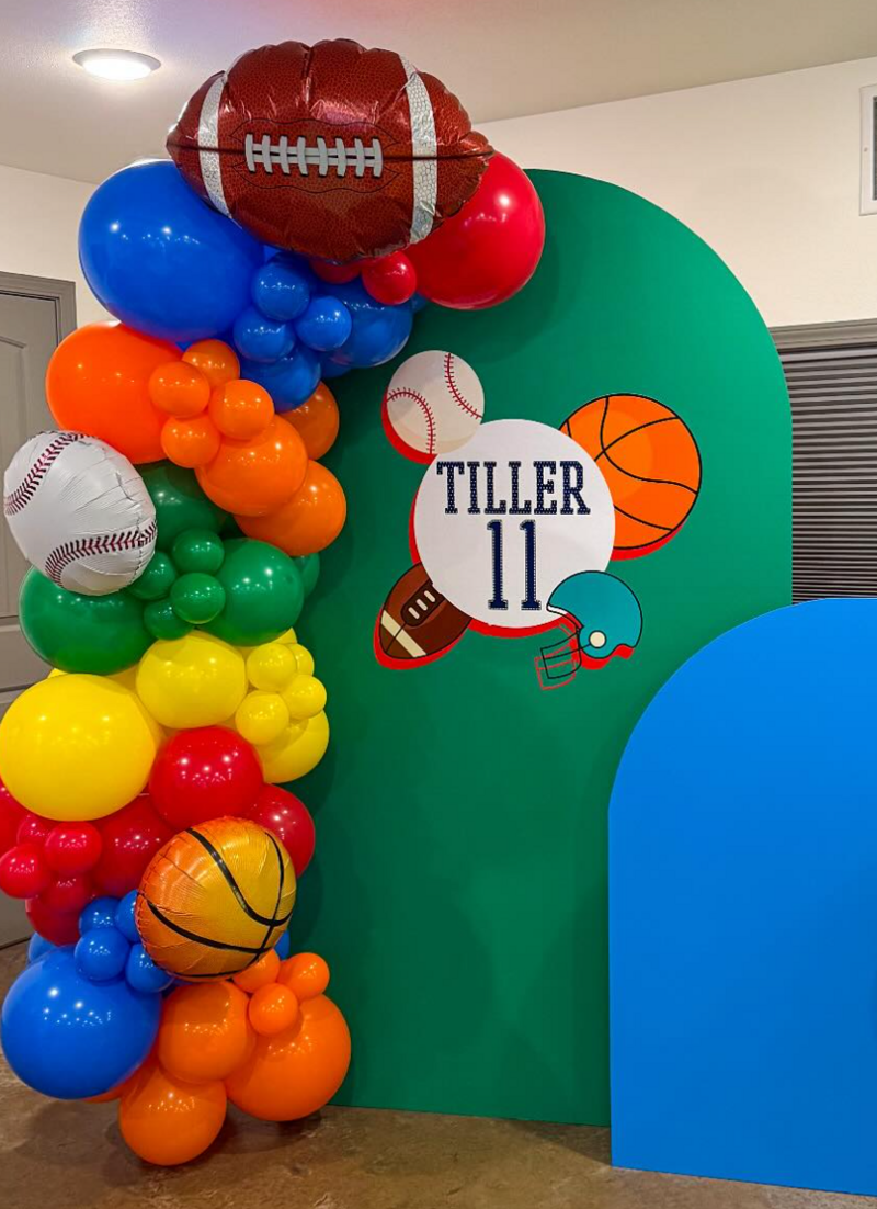 Sports birthday balloons with custom backdrop