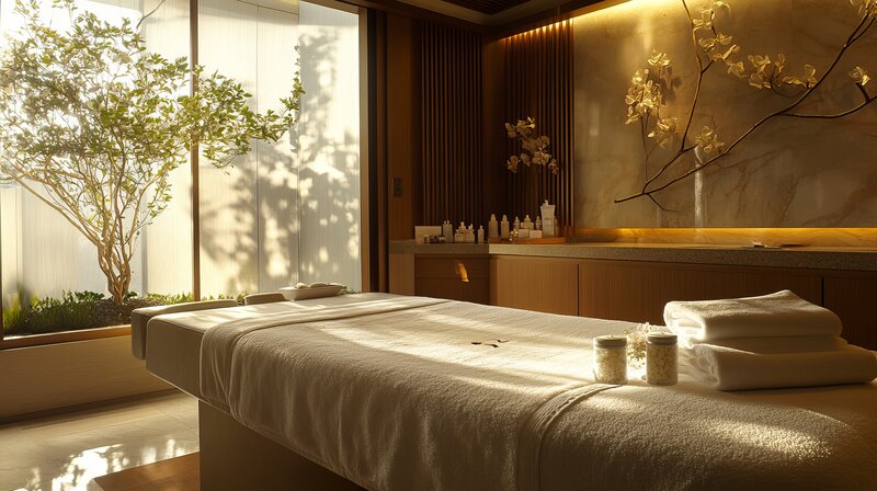 Luxurious spa treatment room with natural light, indoor tree, and neatly arranged spa products on a counter.