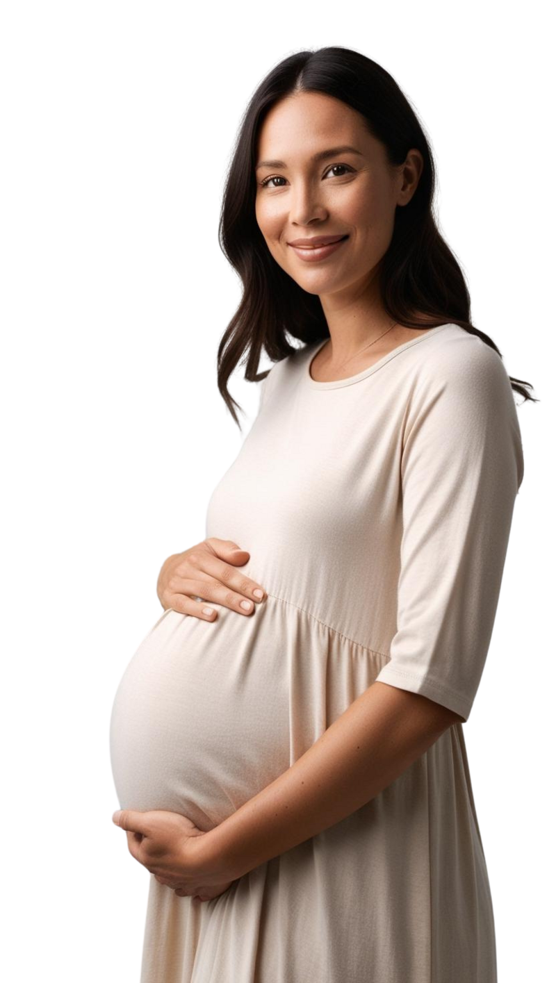 Peaceful pregnant woman cradles her baby bump.