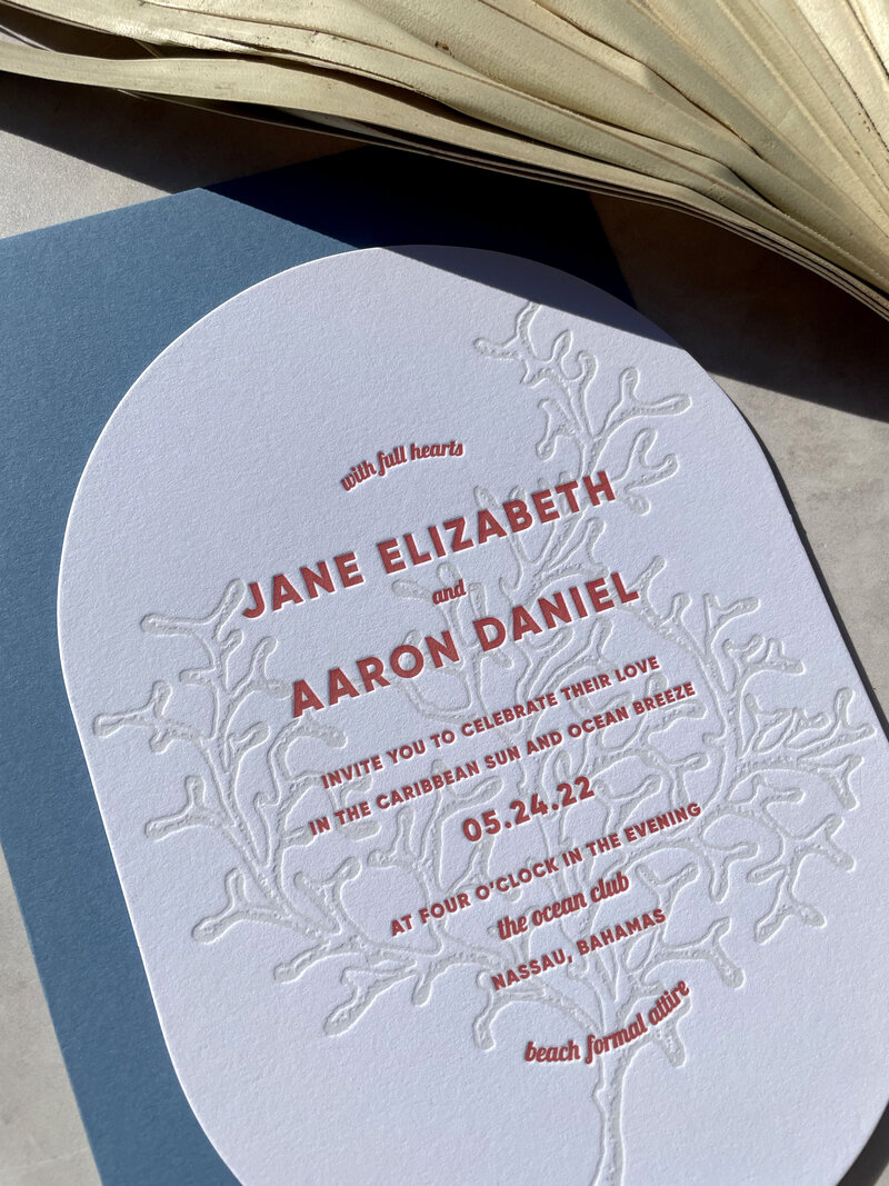 coral tropical letterpress wedding invitation