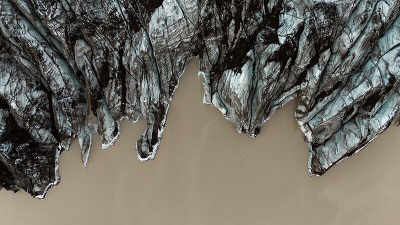 Drone shot of glacier terminus in Iceland.