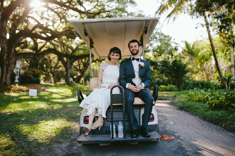 Bride-and-Groom-in-Golf-Cart-Flamingo-Gardens-Florida-Wedding