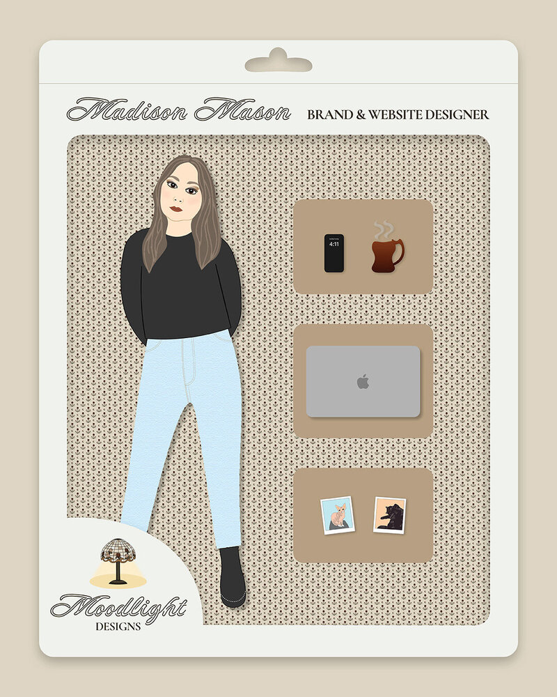 Illustration of doll/action figure trend of brand and website designer in a box with corresponding items