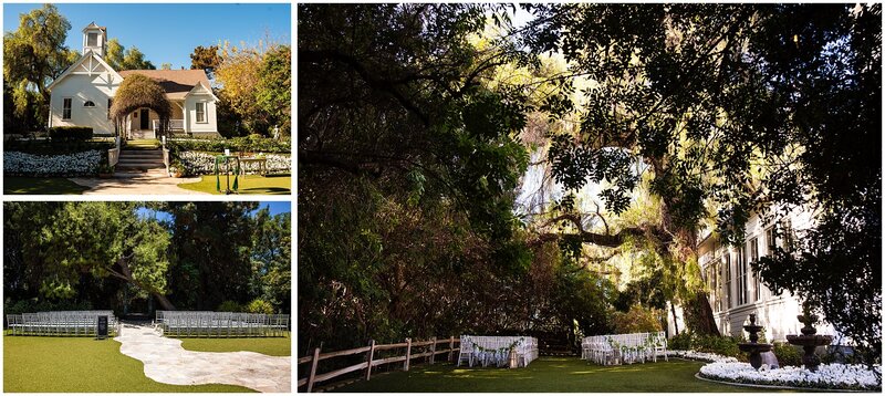 A collage of the three wedding ceremony sites at Green Gables Wedding Estate in San Marcos: The Gazebo, the Historic Schoolhouse Steps, and the Natural Forest.