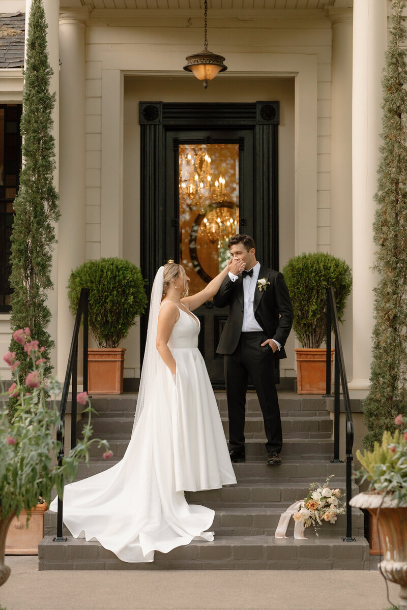 Bride and groom walk up memorial steps at their DC wedding
