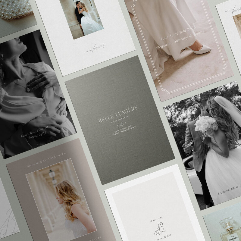 Collection of Belle Lumière Photography brand elements including colour palette, type, and marks