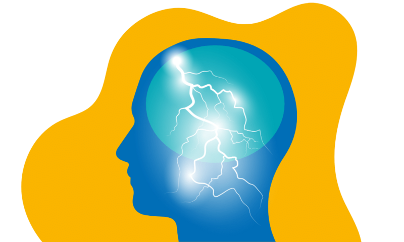 Graphic with a yellow background and male head silhouette in blue with a teal circle signifying the brain. While lightning  is used as a visual aide for neural synapses and energy within the brain.