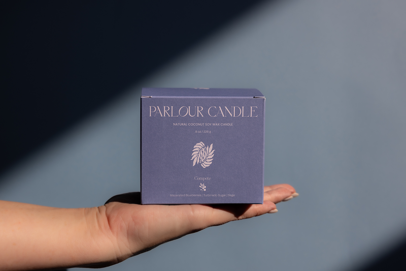 Parlour Candle is a handcrafted candle and home decor line created in a 100-year-old studio space. Project showcase featuring refreshed box packaging design and color & icon development for the scent collection – Compote and Verte.