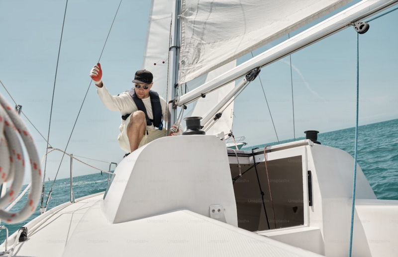 Cooler Segler mit Cap der Segelschule Luvers knieend am Mast eines Segelbootes. auf em Meer.