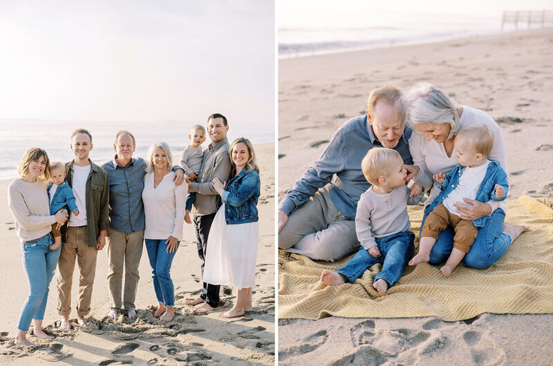 A multigenerational family smiling together on the beach during a family session with photographer Daniele Rose