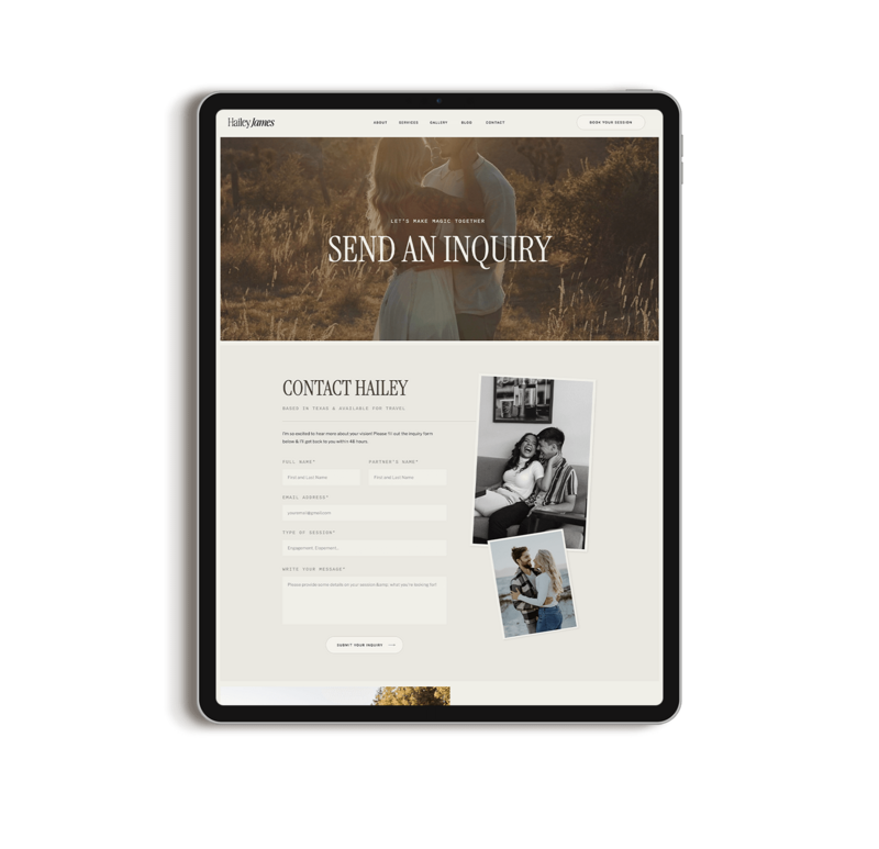 Showit Photographer Template Contact Page