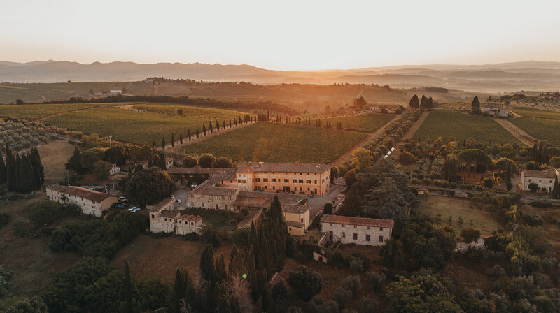 Drone photo of a rustic venue in tuscany