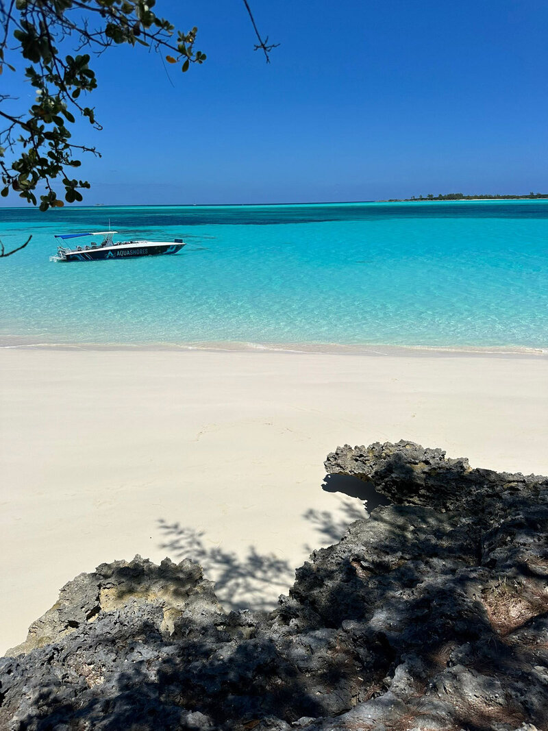 Aeiral photo of Rose Island, Bahamas where a group of Aqua Shores tour boats are docked