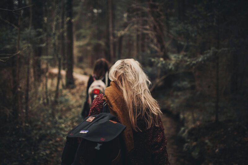 Image of two femme presenting people walking away from camera on a hiking trail