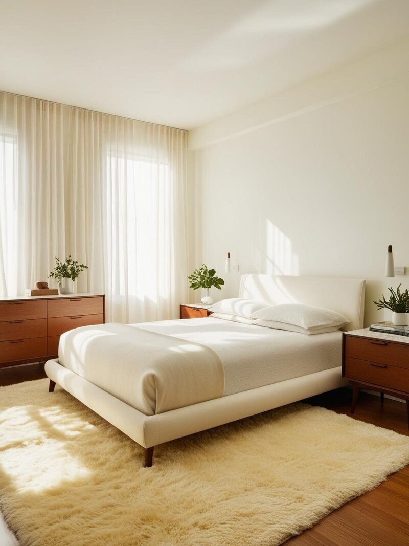 A serene mid-century modern bedroom with a cream linen bed, wool rug, and walnut furniture. Sunlight filters through ceiling-mounted cream curtains, highlighting sculptural sconces and organic greenery.