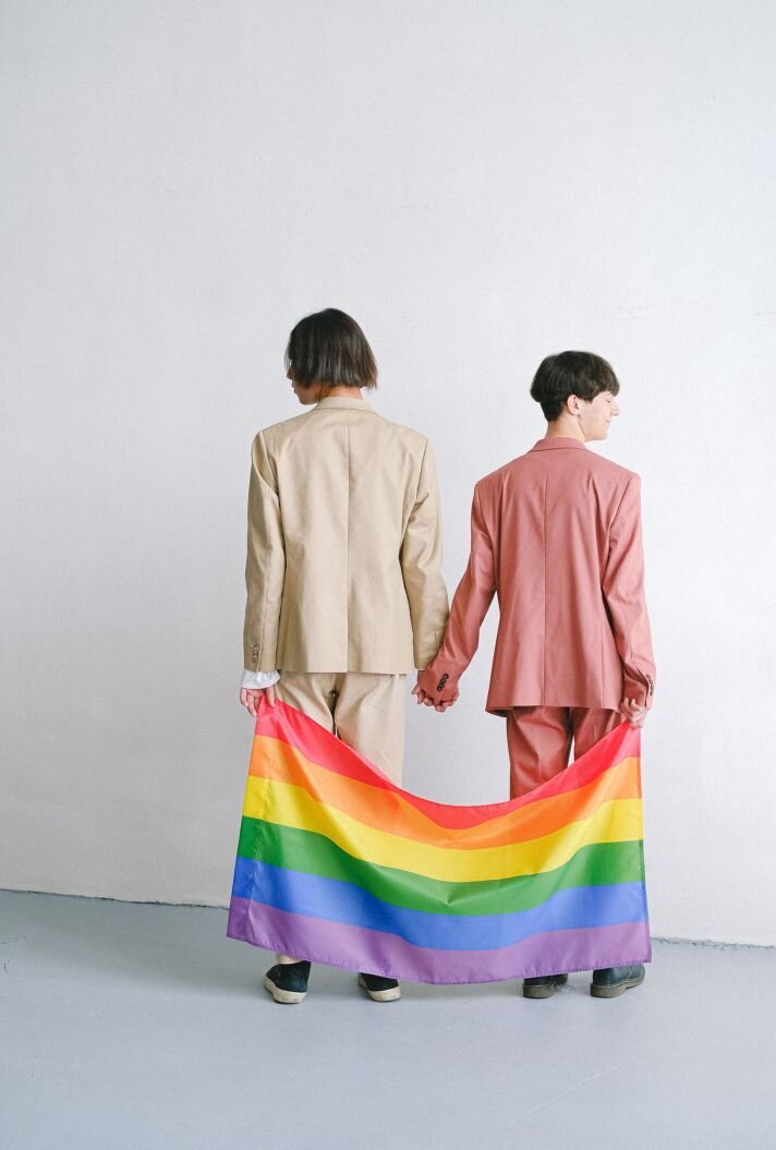 Gay couple with their back holding pride flag