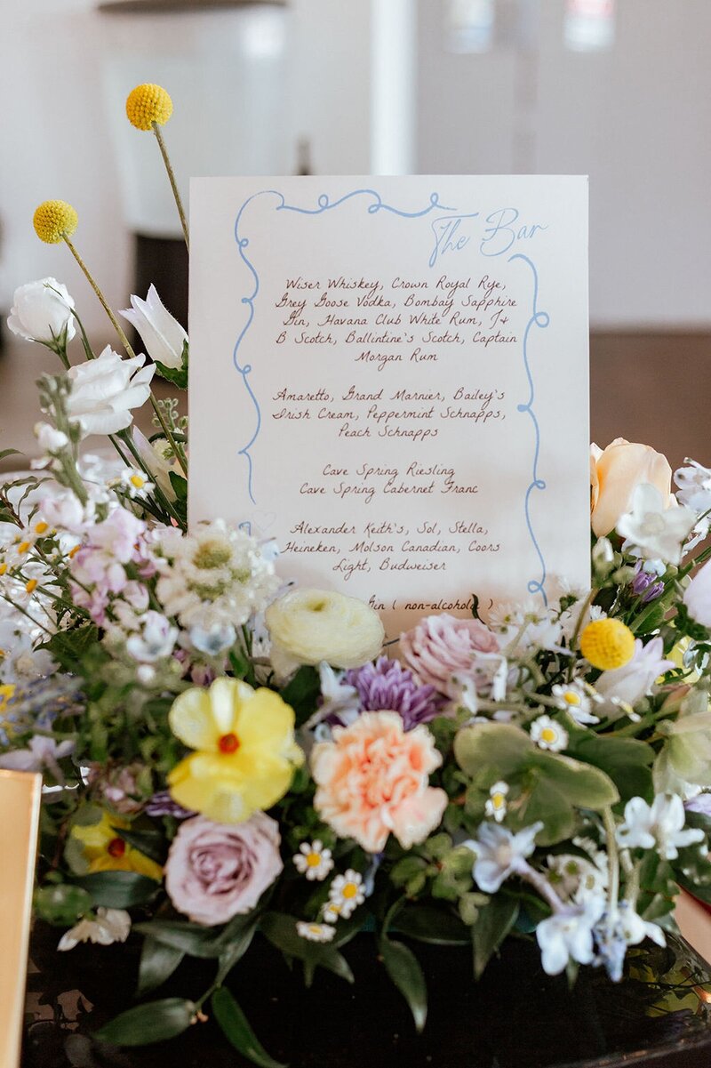 Wedding bar menu with florals