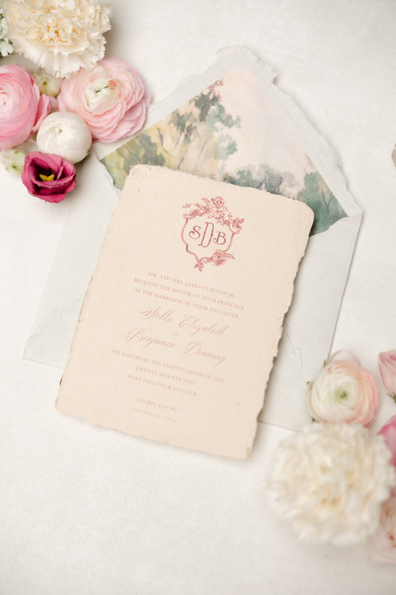 close up photo of custom wedding invitation
